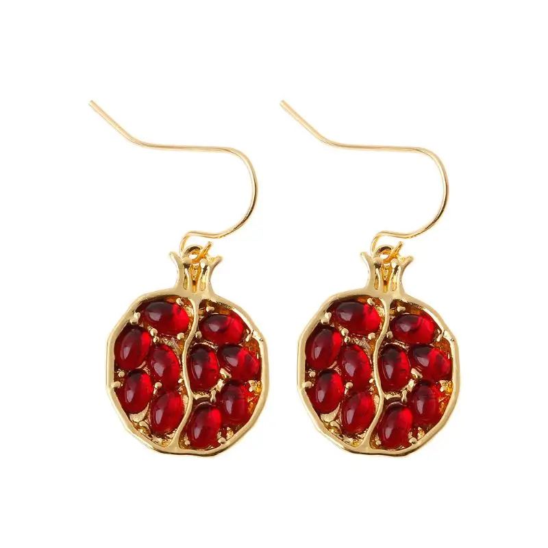 

Fruit Red Natural Garnet Stone Earrings for Women Vintage Long Dangle Earrings Gold Pomegranate Jewelry Round Drop Earings