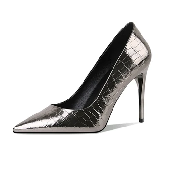 

2019 Spring High Heels 9cm Party Stilettos Slip on Genuine Leather Dress Shoes Woman Silver Pumps Office Lady pumps women shoes