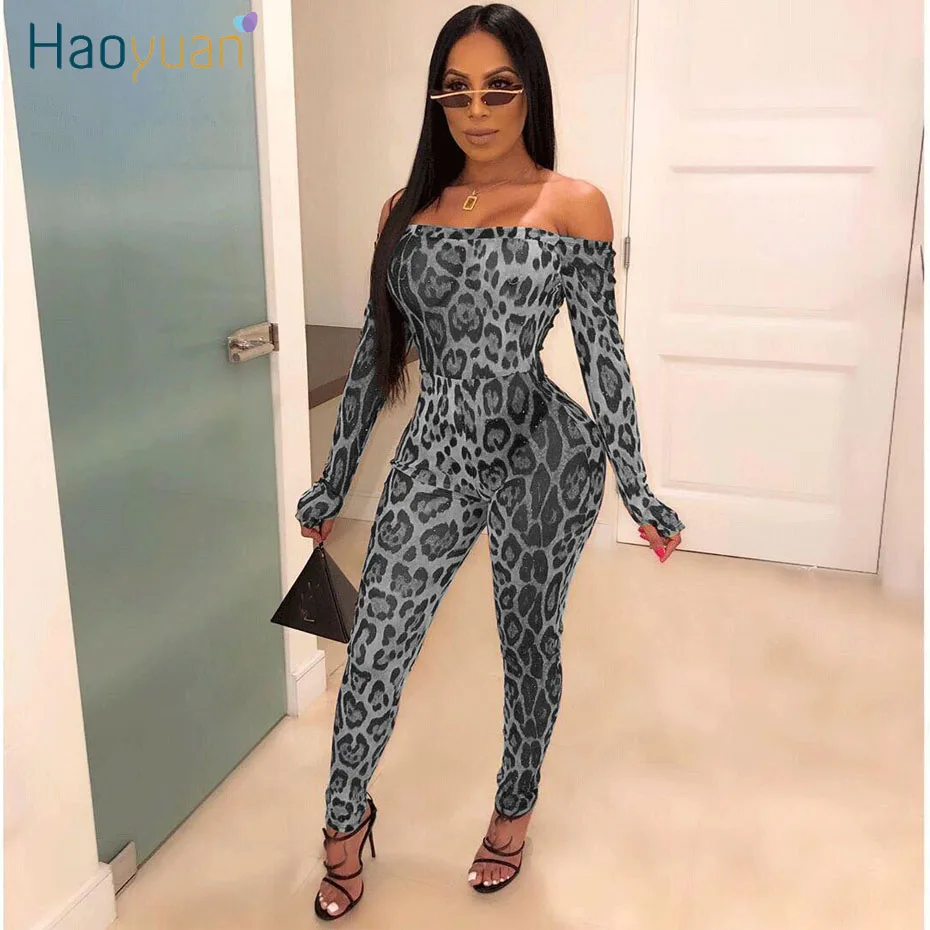 

HAOYUAN Leopard One Piece Outfits Rompers Womens Jumpsuit Fall Body Overalls Off Shoulder Long Sleeve Sexy Costumes Jumpsuit