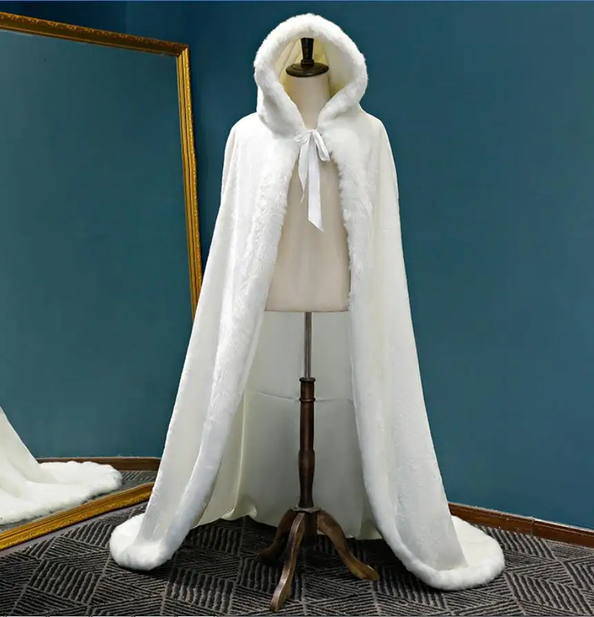 

New Warm Faux Fur Trim Winter Bridal Cape Stunning Wedding Cloaks Hooded Long Party Wraps Jacket Bridal White/Ivory Wrap