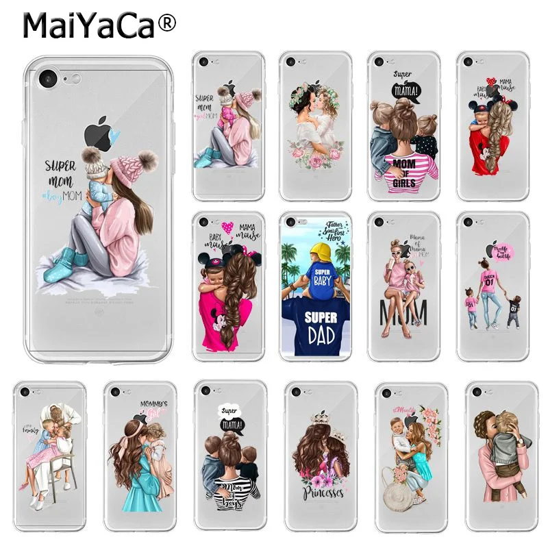 

MaiYaCa Fashion Black Brown Hair Baby Mom daughter Girl Son Dad PhoneCase for iPhone XR 11 Pro Max XS MAX 8 7 6 6S Plus X 5S SE