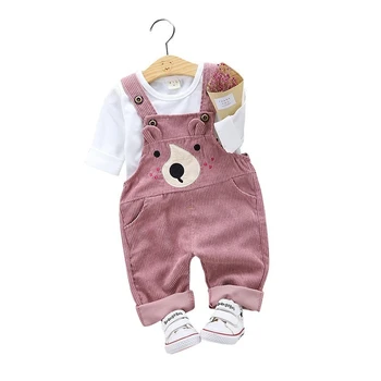 

2020 New Spring Children Boys Girls Suit Baby T shirt Cartoon Bear Corduroy Belt Pants 2pcs/Set Kids Clothing Toddler Tracksuits