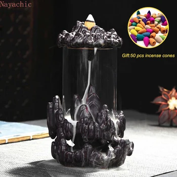 

50pcs incense cones Buddha Backflow Incense Burner Glass Cover Indoor Windproof Personality Gift Cone Incense Holder Smoke Water