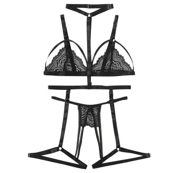 

Lingerie Sexy Bra Set Women's Lace Sling Bra Bandage Thong Garter Sleepwear Sexy Black Underwear Lingerie Sets Lenceria brassier
