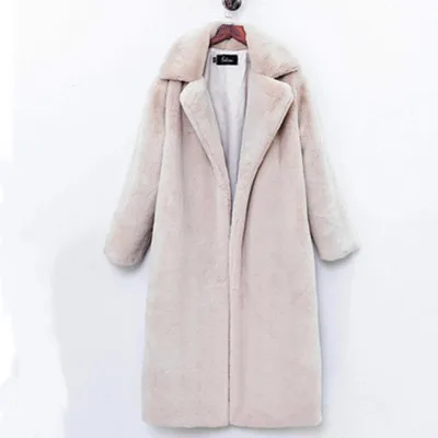 Beige 6 цветов, Женское зимнее теплое длинное бархатное пальто из искусственного меха, отложной воротник, длинные рукава, яркие цвета, прямой узор, плюс размер, толстая верхняя одежда FS0864 - Цвет: Beige