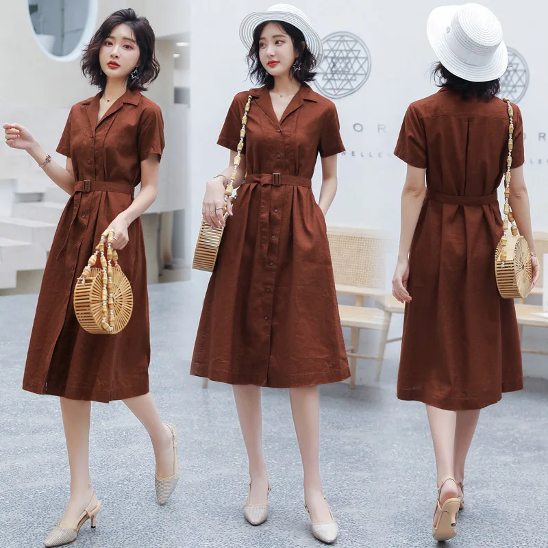 

France Retro Hepburn Elegant Cotton Linen Dress Summer Commuting Ol Suit Collar Waist Hugging Mid-length A- line Shirt Dress