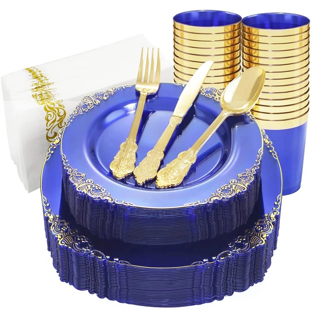 70Pcs Disposable Tableware Transparent Blue Plastic Dinner Plate Golden Silverware Cup Napkin Set Birthday Decorations | Дом и сад
