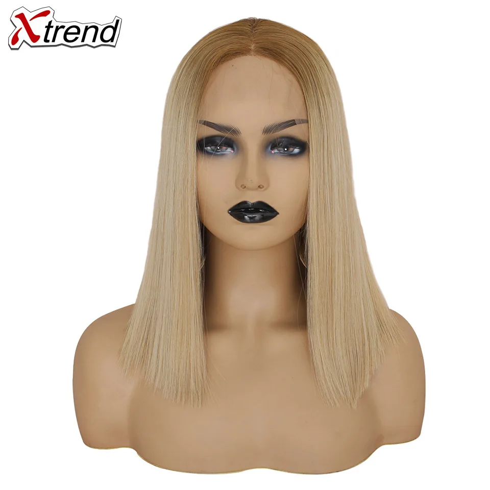 Xtrend прямой синтетический парик на кружеве средняя часть черный блонд цвет 14 дюймов боб парики для черных женщин Омбре парик - Цвет: 4 613