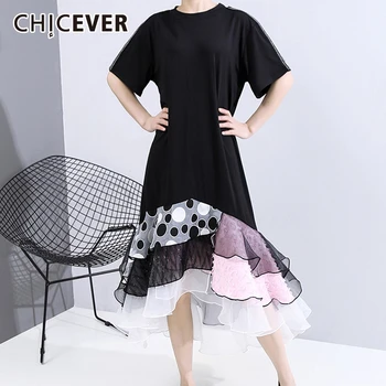 

CHICEVER Patchwork Asymmetrical Dress Women O Neck Short Sleeve High Waist Loose Mesh Hit Color Irregular Hem Dresses For Female