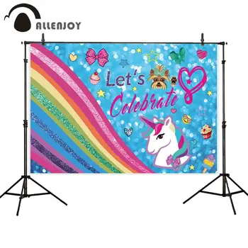 

Allenjoy Lets Celebrate Party Supplies Rainbow Unicorn Dogs Heart Desserts Glitter Photocall Backdrop Happy Birthday Backgrounds