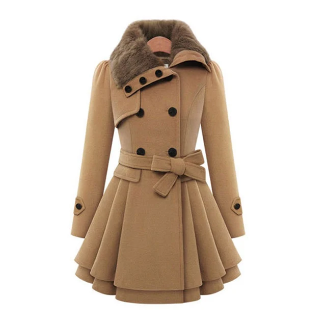 Женское шерстяное пальто, двубортная приталенная куртка с лацканами, Длинная шерстяная одежда с меховым воротником для отдыха на осень и зиму 1