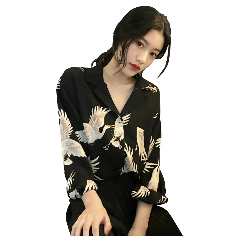 

NoEnName_Null Shirt Women Loose Spring and Autumn New Korean Retro Fairy Crane Chiffon Shirt Long Sleeve Fashion Student Shirt A