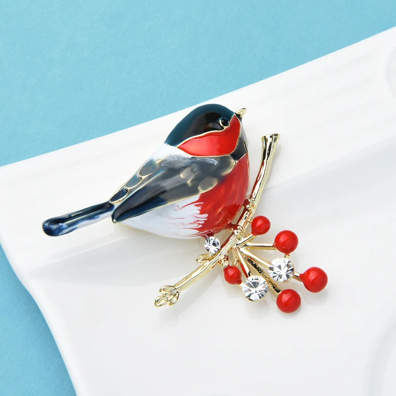Wuli&baby 2021 Multicolor Bird Brooch Pins Quality Enamel Ainmal Brooches New Year Designer Jewelry Gift Pyrrhula pyrrhula