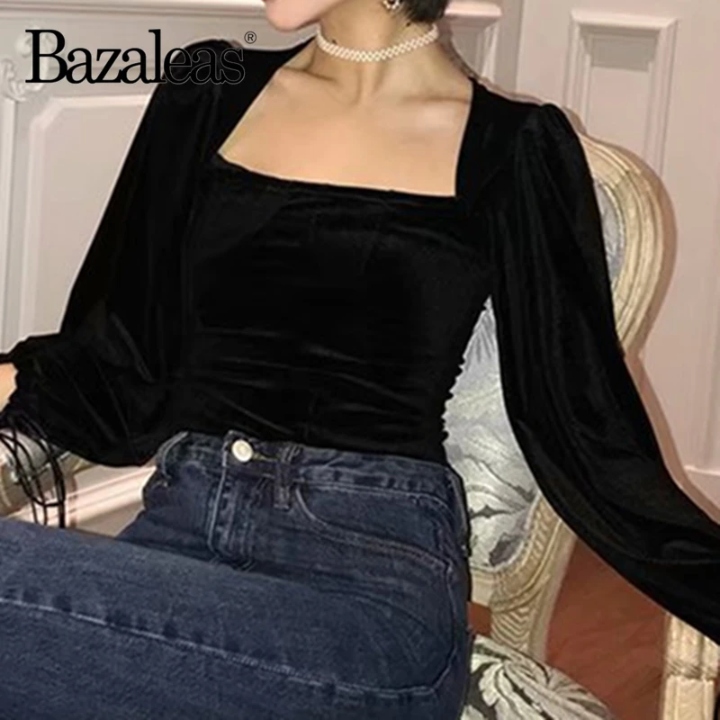 Bazaleas французская бархатная черная женская блузка harajuku blusas mujer de moda винтажные Женские топы и блузки