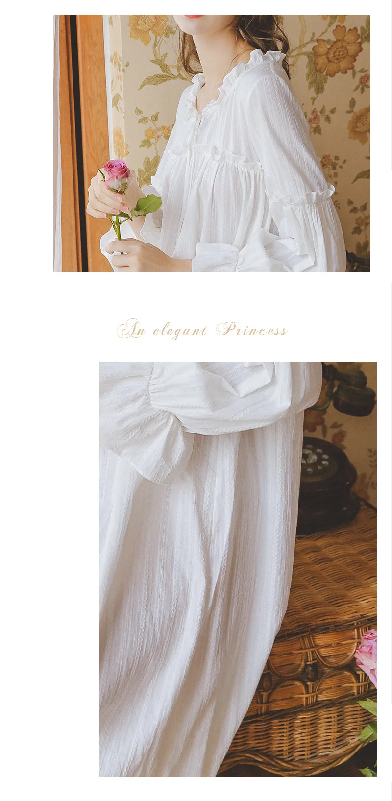 Womens Spring and Summer Sleeping Dress Princess Palace Vintage Night Gown Viscose Long Sleeves White Sleep Wear Sleepshirts