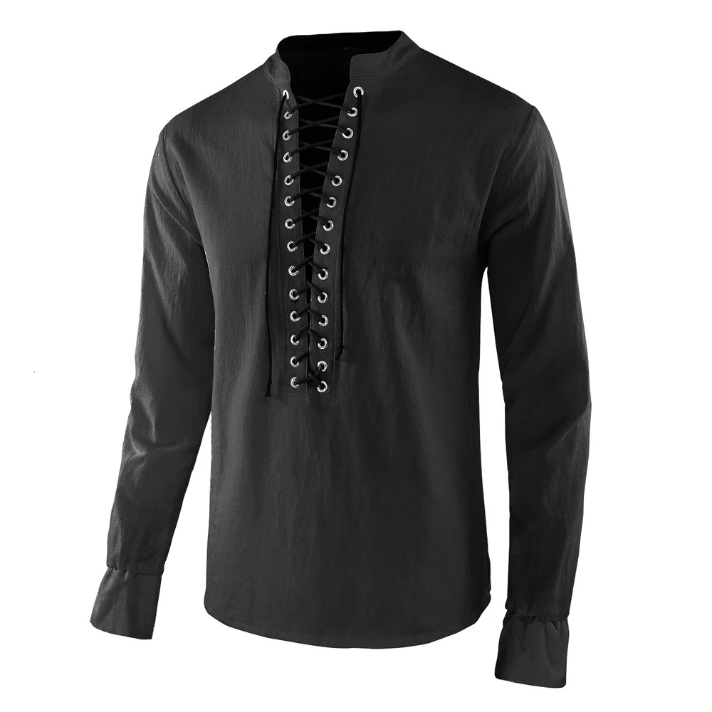 Mens Long Sleeve Shirts Retro T shirt Gothic Steampunk Lace-up Blouse Top M-XXL
