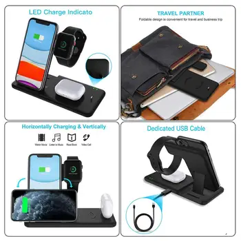 15W Qi Fast Wireless Charger Stand For iPhone 11 12 X 8 Apple Watch 4 in 1 Foldable 2