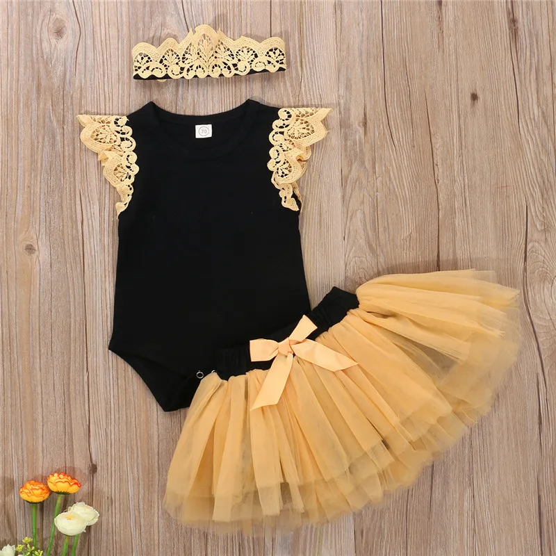 

2020 summer Baby Girl Outfits 3-Piece Fashion Casual Flying Sleeve Jumpsuit + Mesh Tutu Skirt + Headband Set
