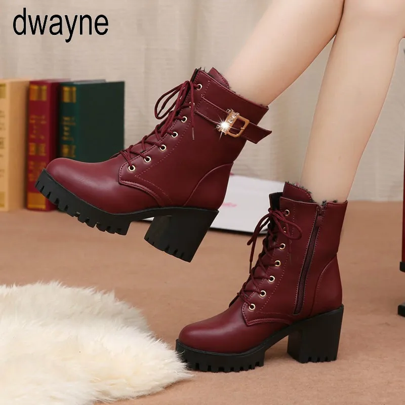 

2019 Autumn Fashion Women Boots High Heels Platform Buckle Lace Up Zip PU Leather Short Booties Black Ladies Shoes dft56