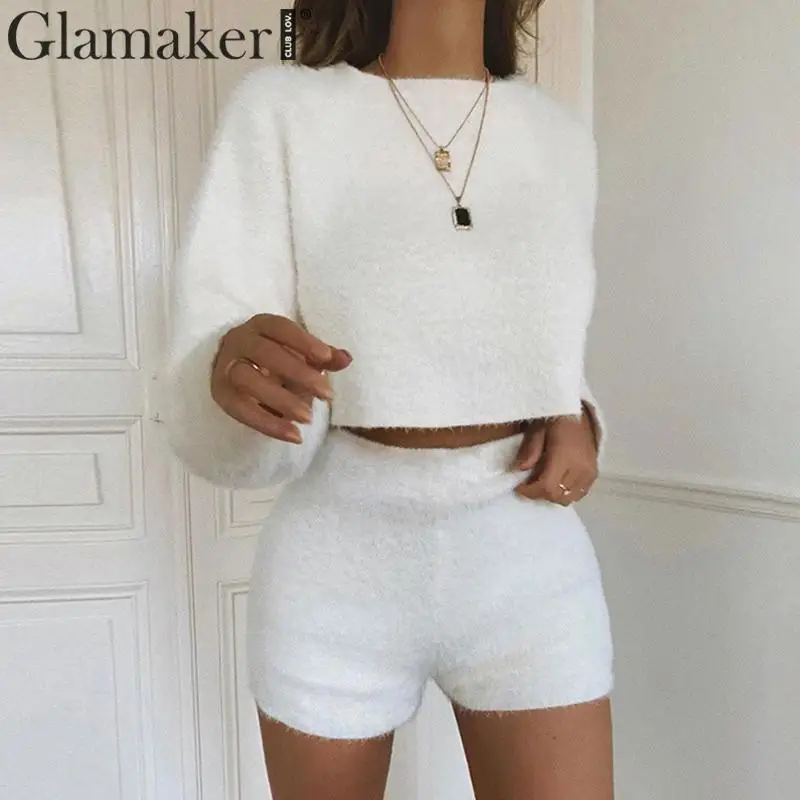 

Glamaker Two piece set o neck plush white sexy romper Autumn winter streetwear short jumpsuit Women warm long sleeve playsuit