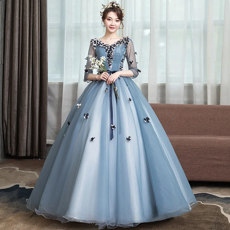 Trajes De Quinceaneras New V Neck Three Quarter Sleeve Quinceanera Dresses Lace Flower Plus Size Lace Up Custom Made Prom Gown