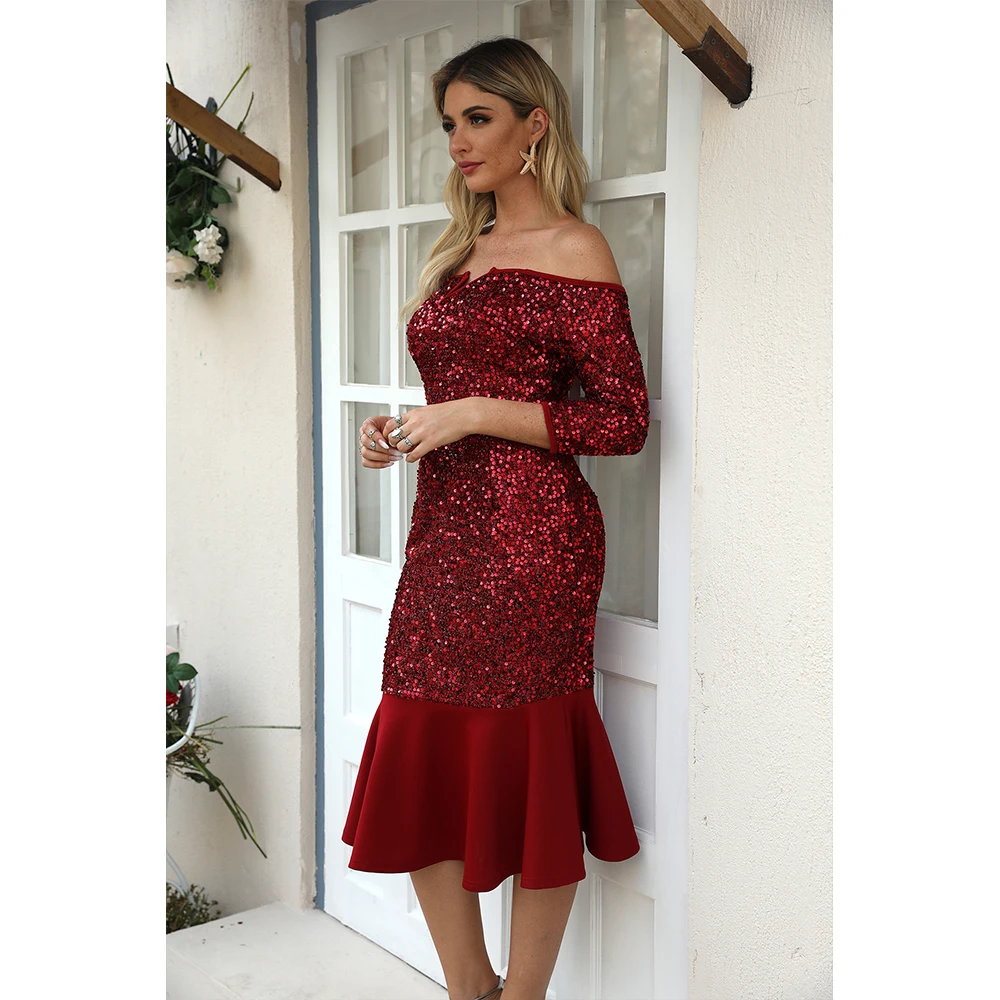 Sexy Sequin Mermaid Bodycon Dress Wome Fashion V-neck Three Quarter Sleeve Elegant Ruffles Slim Evening Party Dresses Vestidos