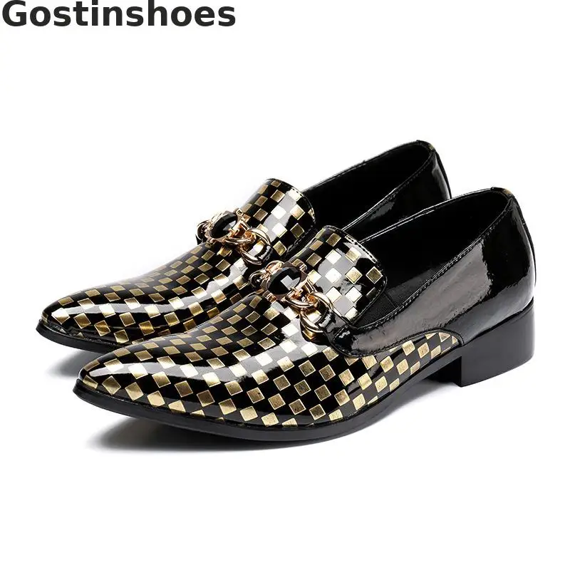 

Men Shoes Genuine Leather Loafers Pointed Toe Slip-on Checkered Casual Leather Shoes Mixed Color Rubber Outsole Low Heel