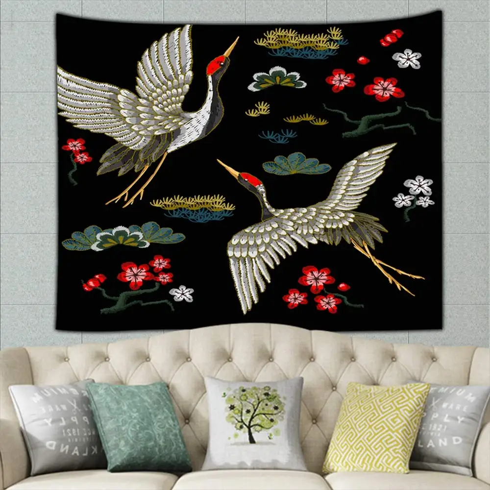 

Japanese White Cranes Red Flowers Embroidery Beauty Fashion Nature Popular Tapestries