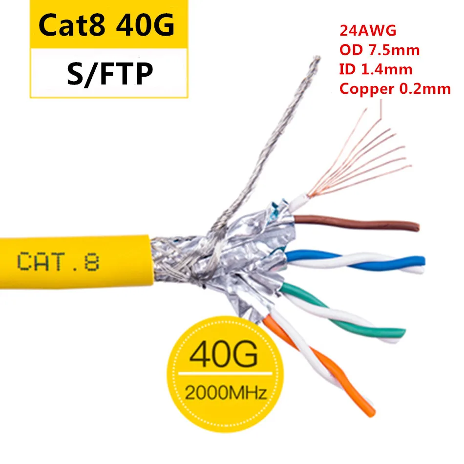 Сетевой кабель RJ45 24awg CAT 8 40 г 2000 МГц Ethernet-Кабель S/FTP с двойным экранированием