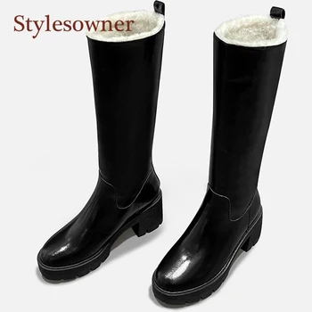 

Genuine Leather Plus Velvet Winter Knee-High Snow Boots Round Toe Square Heel Side Zipper High Heel Boots 2021 New Arrivial