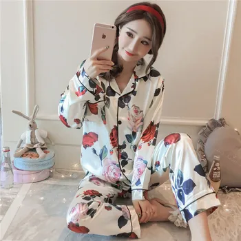 

2 Piece Autumn Winter Pajamay Homewear Women Faux Silk Sleepwear Satin Pajamas Set Flower Print Long Sleeves