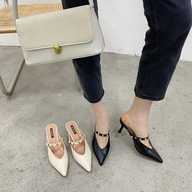 

High Heels Slippers Women Shoes Rivet Pointed Toe Mules Fashion Slip on Pumps Shallow Slides Sexy Sandalias Mujer Black Apricot