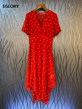 

Red Long Dress 2020 Summer Style Women V-Neck Elegant Little Flower Print Tunic Buttons Short Sleeve Sexy Asymmetrical Dress