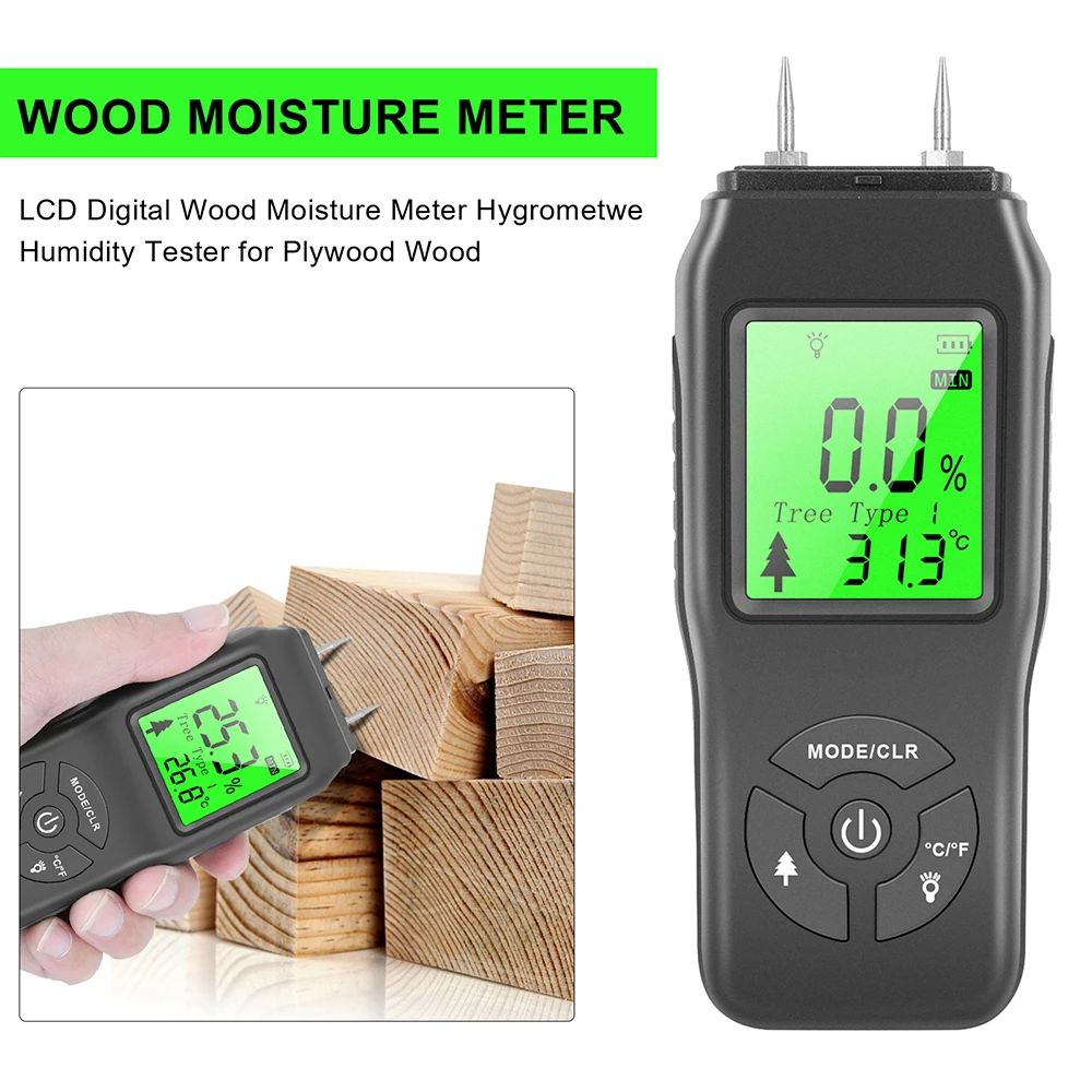 

0-99.9% Wood Moisture Meter Hygrometer Timber Damp Detector Tree Density Digital Wood Humidity Tester 2%~70% Measuring Range