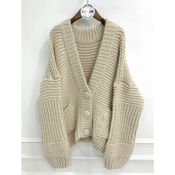 Apricot beige RUGOD, новинка, женский толстый вязаный свитер, корейский шик, Ins, популярное, ленивое, уютное пальто, v-образный вырез, длинные рукава-фонарики, негабаритный кардиган - Цвет: Apricot beige