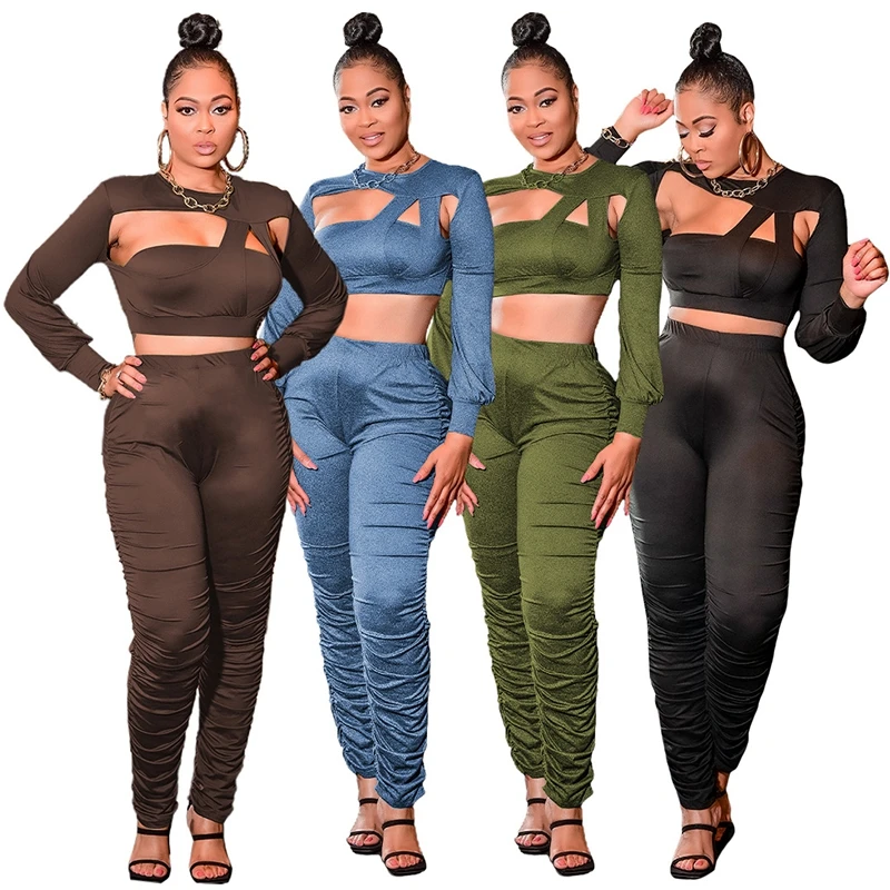 Women Sexy Two Piece Tracksuits Long Sleeve Hollow Out Crop Top And Long Skinny Ruched Leggings Fashion Night Club Bodycon