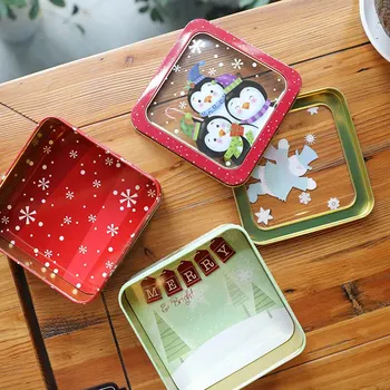 

Cute Rectangle Christmas Gift Boxes Candy Tin Box Santa Snowman Packaging Open Window Cookie Packing Case Festival Decorations