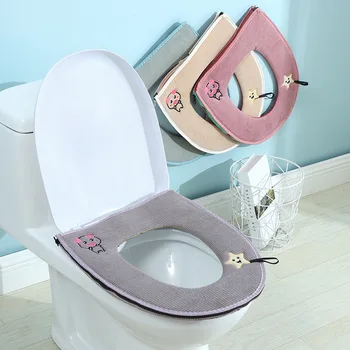 

Hot sale Warm Soft Toilet Cover Seat Pad Bathroom Warmer Toilet Seat set Soft zipper embroidery Washable Toilet Seat Cover