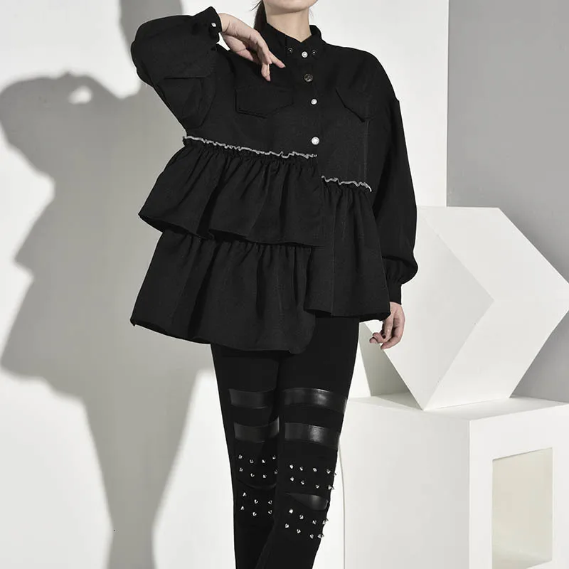 [EAM] Женская Асимметричная Блузка с оборками, новинка, рубашка свободного кроя со стоячим воротником и длинным рукавом, модная весенняя Осенняя 1B7170