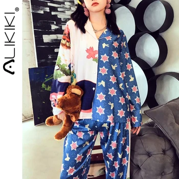

Womens Pajamas Sets Cartoon Print Autumn Long Sleeve Two Pieces Pyjama Set Women Sleepwear Sexy Nightwear for Women Sleeping Set