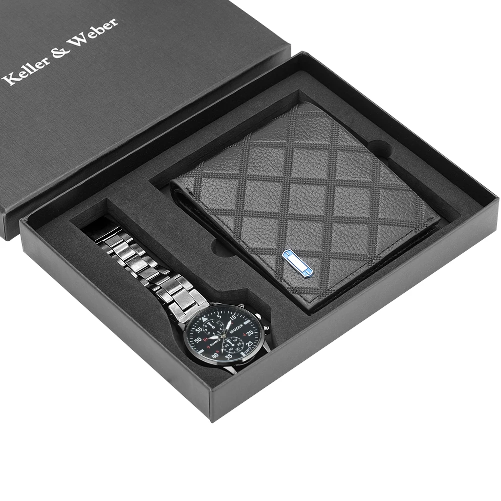 Gift set 1 Мужские часы из нержавеющей стали/кожаный ремешок кварцевые наручные часы кожаный бумажник на подарок набор для бойфренда для папы - Цвет: Gift set 1
