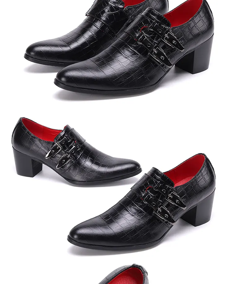 Herren-High-Heel-Schuhe aus Rindsleder, mit Metallschnalle, runder Spitze, dickem Absatz, höhenverstellbar, für Herbst, Laufsteg, Sänger, Bühne, Perfektion – Detail 17