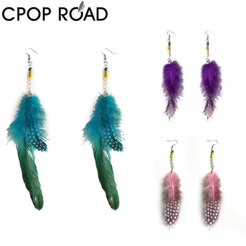 

Cpop Green Purple Pink Feather Earrings for Women Rhinestone Beads Pendant Long Statement Earrings Boho Jewelry Accessories Gift