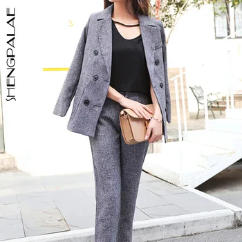 

SHENGPALAE 2020 Summer New Long Sleeve Loose Casual Gray Ladies Office Blazer Women Coats Two-piece High Waist Slim Trousers