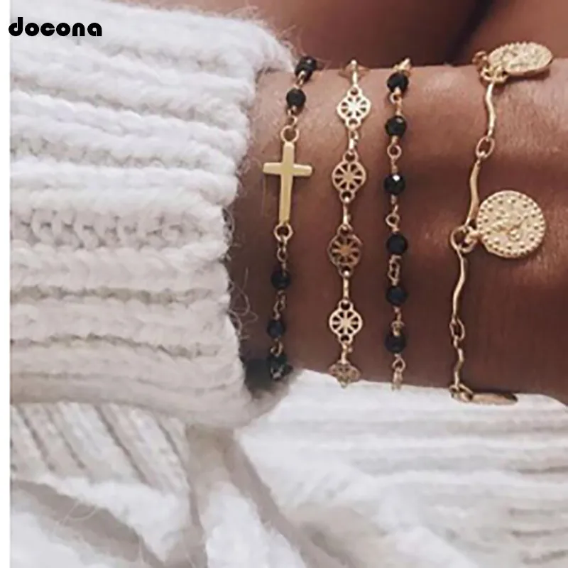 

Docona Vintage Gold Coin Cross Flower Charms Bracelet Set for Women Metal Geometric Multilayer Bracelet Bangle Party Jewelry8370