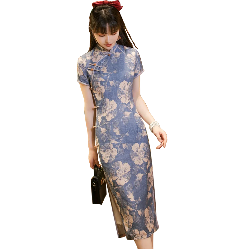 Women Chinese Style Dress Cheongsam Retro Elegant Blue Qipao Cheongsam Plus Size 3XL Vestido China Summer Clothing Qipao