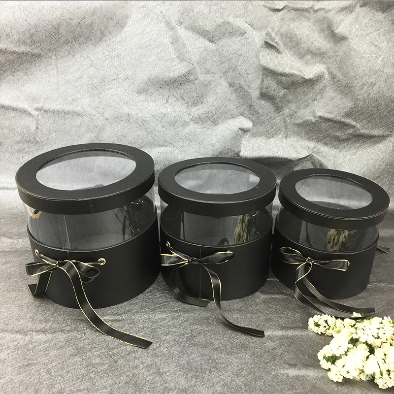 black round Креативная круглая квадратная полупрозрачная ПВХ Цветочная коробка, подарок на день рождения, украшение дома, упаковка, букет цветов, коробки - Цвет: black round