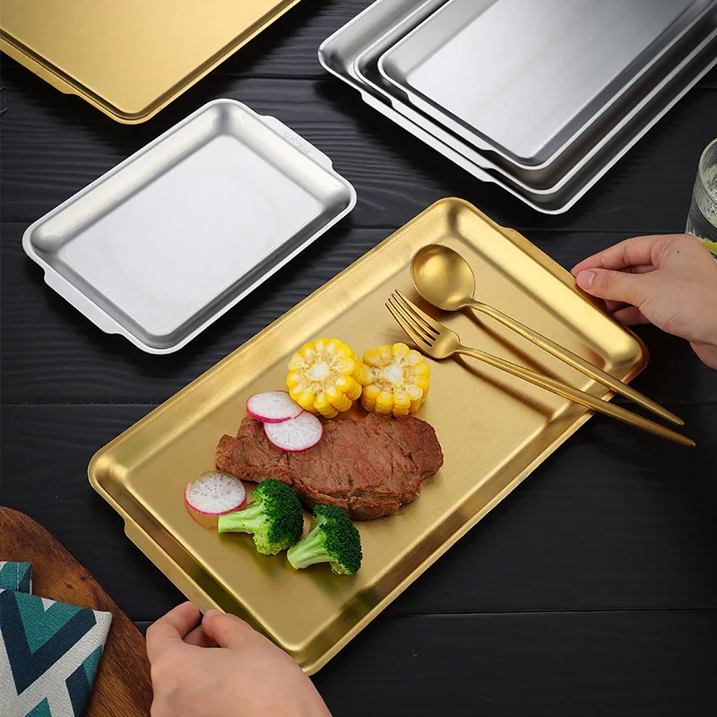 Thick Rectangular Tray Stainless Steel Food Storage Trays Sushi BBQ Flat Bottom Shallow Dishes Fruit Vegetable Plate Baking Pan 6