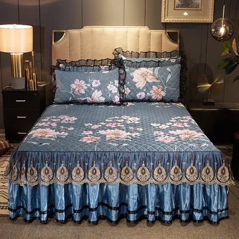 

Lace Bed Skirt Single Piece European Princess Bed Cover Colorful Flowers Non-slip Mattress Protector Bedding