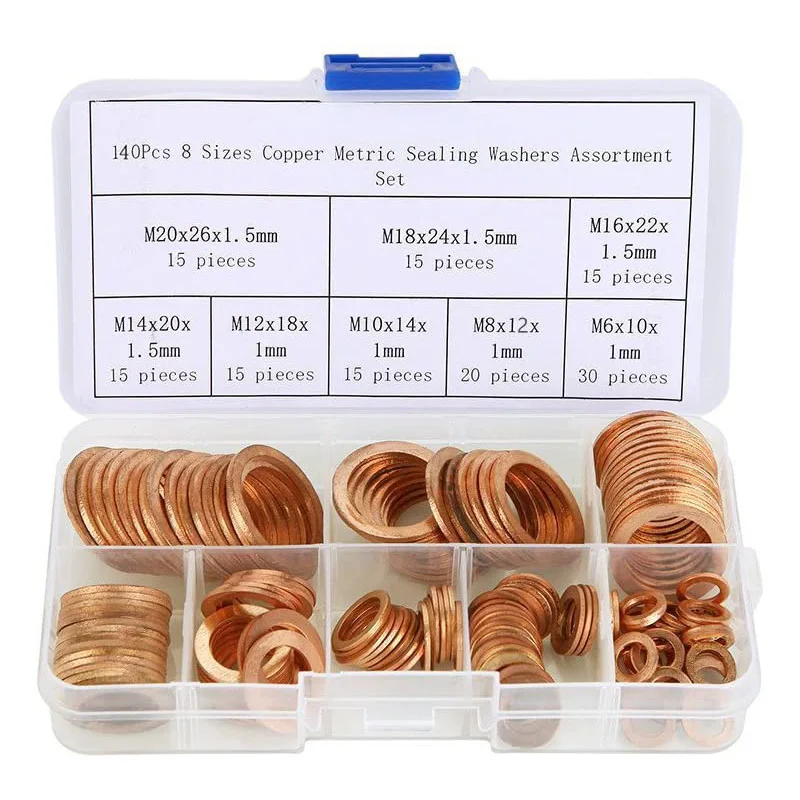 Copper Metric Sealing Washers Assortment Set,Copper Sealing Washers,Round Spacer Washer Set(140